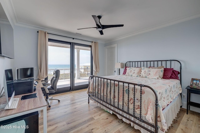 bedroom featuring a ceiling fan, crown molding, light wood finished floors, and access to outside