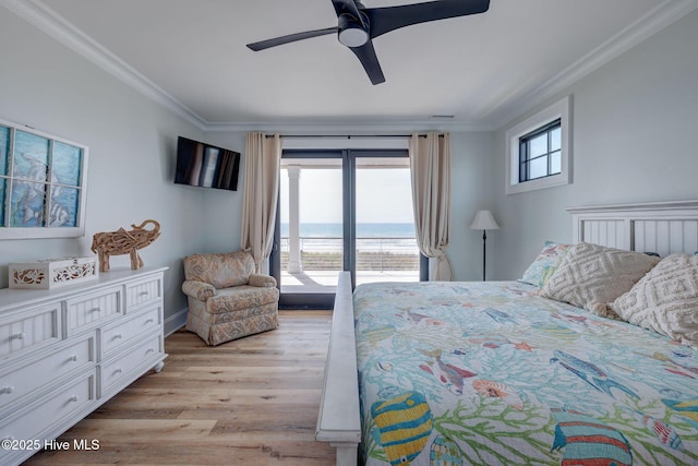 bedroom featuring ornamental molding, access to exterior, ceiling fan, and light wood-type flooring