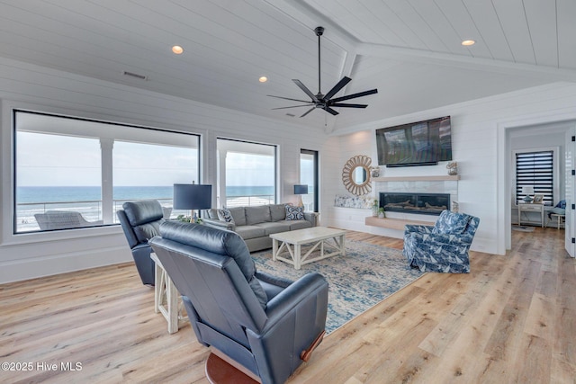 living area with wood finished floors, ceiling fan, a premium fireplace, and plenty of natural light