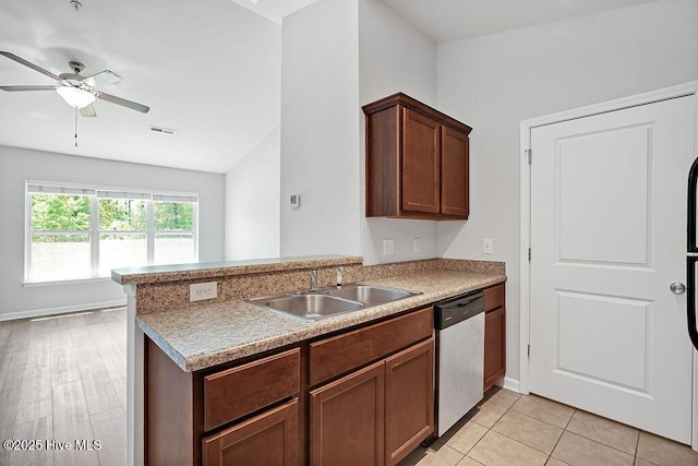 kitchen with ceiling fan, a sink, dishwasher, light countertops, and visible vents