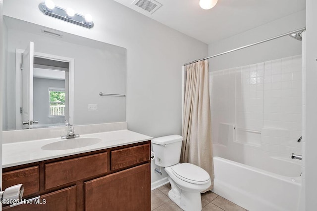 full bathroom featuring shower / bath combo, tile patterned flooring, vanity, toilet, and visible vents