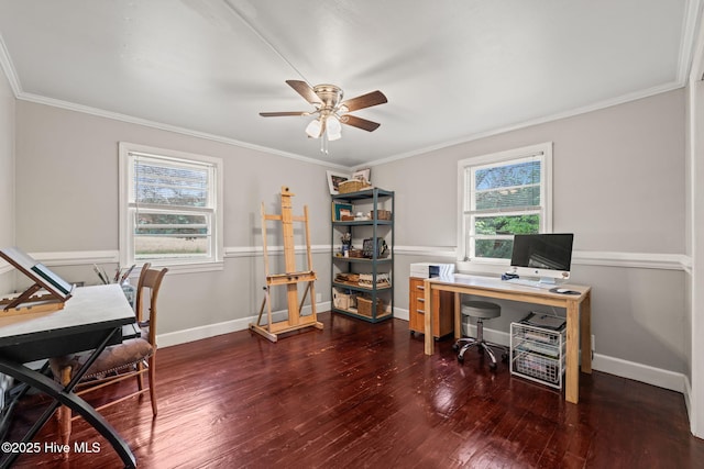 home office featuring ornamental molding, ceiling fan, hardwood / wood-style flooring, and a healthy amount of sunlight