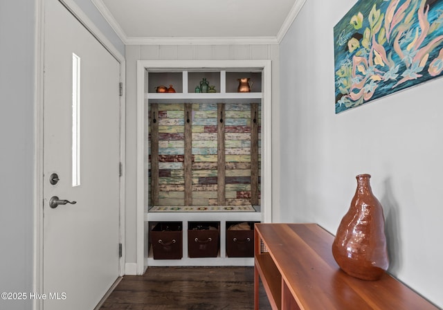 mudroom featuring dark wood-style flooring and crown molding