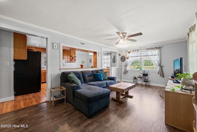 living area featuring crown molding, ceiling fan, wood finished floors, and baseboards