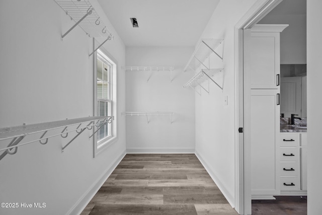 walk in closet with wood finished floors