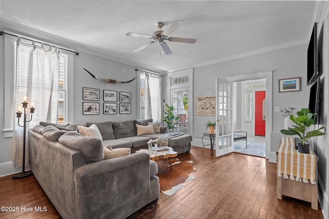 210 S 17th St, Wilmington, NC 28401 - living area with a ceiling fan, crown molding, dark wood-type flooring, and baseboards