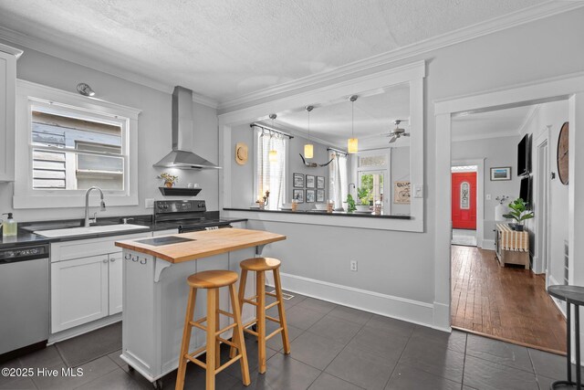 210 S 17th St, Wilmington, NC 28401 - kitchen featuring butcher block counters, electric range, wall chimney exhaust hood, a sink, and stainless steel dishwasher