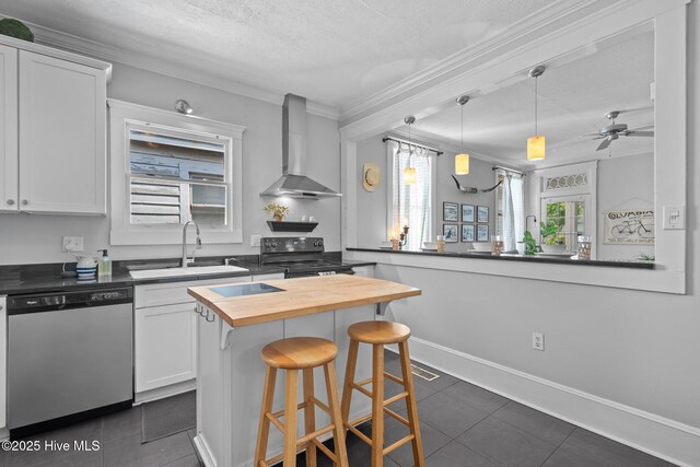 210 S 17th St, Wilmington, NC 28401 - kitchen with stainless steel dishwasher, electric range, wall chimney exhaust hood, butcher block counters, and a sink