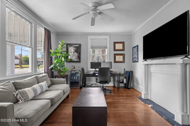 210 S 17th St, Wilmington, NC 28401 - office area featuring ceiling fan, dark wood-style flooring, crown molding, and baseboards