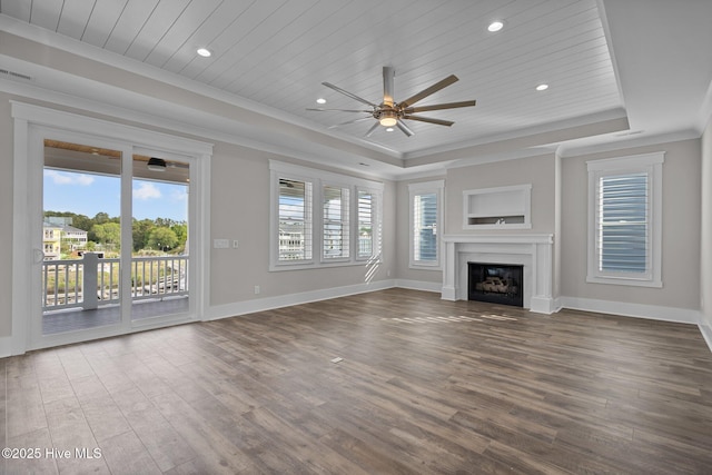 unfurnished living room with dark wood-style floors, wooden ceiling, ceiling fan, and a tray ceiling