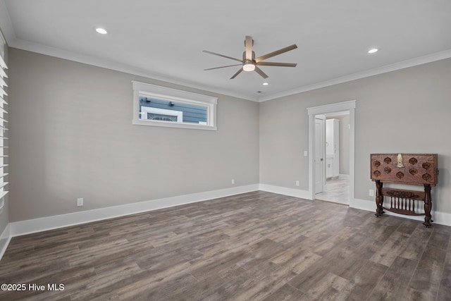 interior space with crown molding, dark wood-style floors, baseboards, recessed lighting, and a ceiling fan