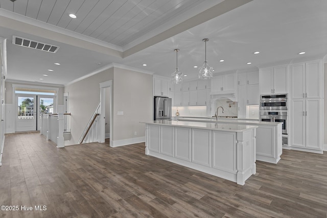 kitchen featuring dark wood finished floors, visible vents, stainless steel appliances, and a large island