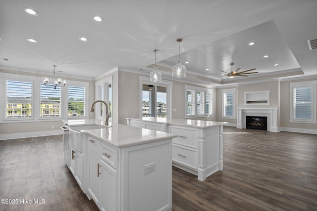 kitchen featuring crown molding, a tray ceiling, dark wood-style floors, baseboards, and a kitchen island with sink