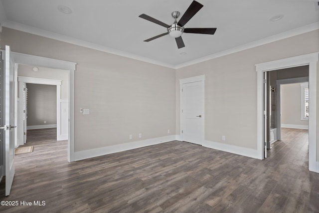 unfurnished bedroom with dark wood finished floors, baseboards, ceiling fan, and crown molding