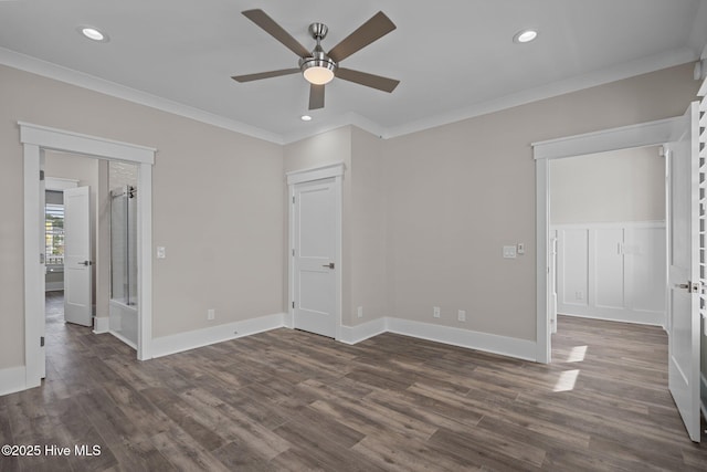 unfurnished bedroom with recessed lighting, ornamental molding, dark wood-style floors, and baseboards