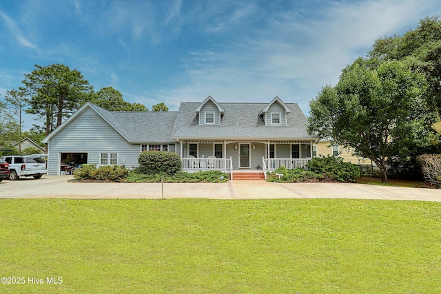 cape cod-style house with a porch, a front yard, driveway, and roof with shingles