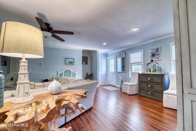 bedroom featuring crown molding, recessed lighting, ceiling fan, and hardwood / wood-style flooring