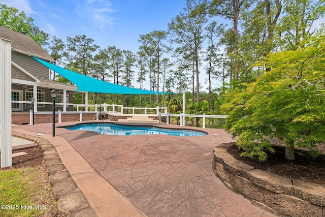 view of swimming pool featuring a patio and a fenced in pool