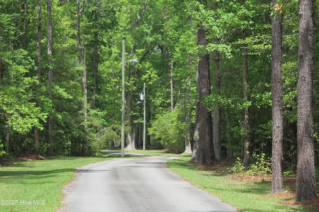 view of street featuring a forest view