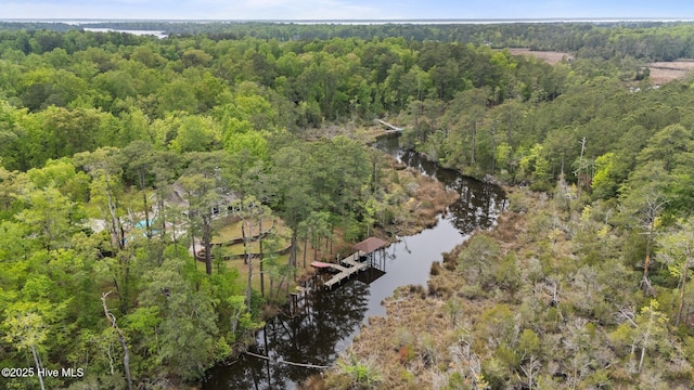 aerial view with a water view and a wooded view