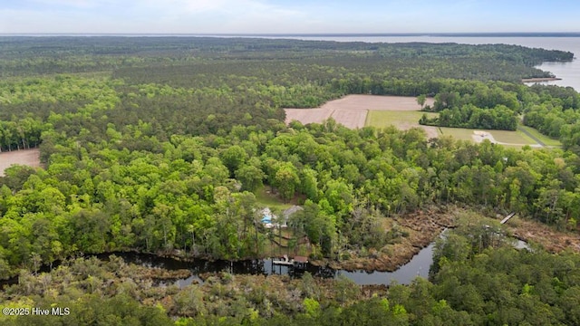 birds eye view of property featuring a wooded view and a water view