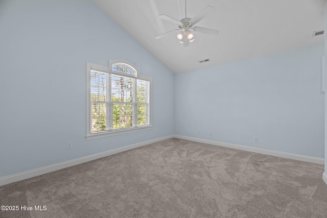unfurnished room with carpet flooring, baseboards, a ceiling fan, and visible vents