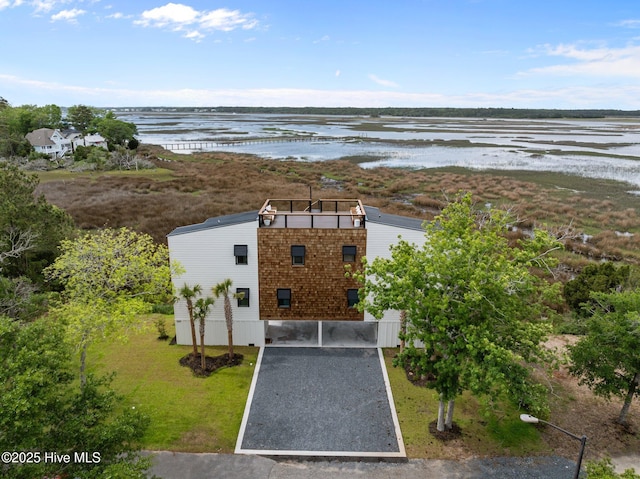 aerial view featuring a water view