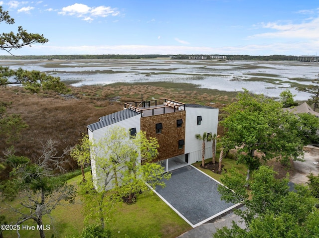 aerial view featuring a water view