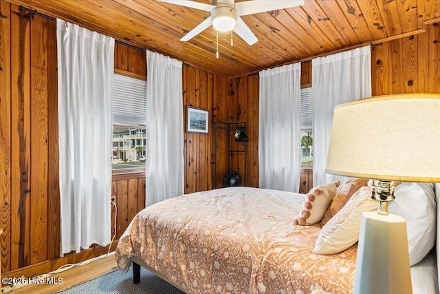 bedroom featuring wood walls, wood ceiling, and wood finished floors