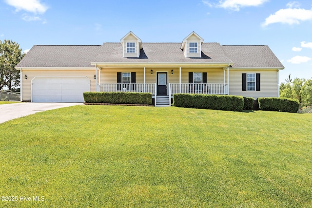 cape cod home featuring a porch, a front yard, concrete driveway, and an attached garage