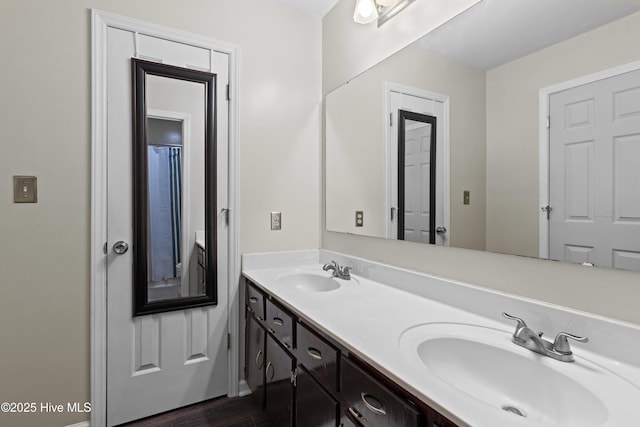 bathroom featuring double vanity, wood finished floors, and a sink