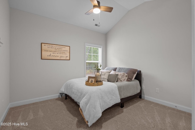 carpeted bedroom with baseboards, a ceiling fan, vaulted ceiling, and visible vents