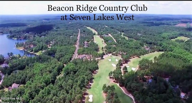 birds eye view of property with golf course view, a water view, and a wooded view