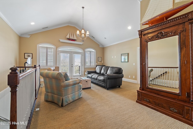107 Waterway Crossing Ct, Little River, SC 29566 - living area with a chandelier, french doors, light carpet, vaulted ceiling, and baseboards