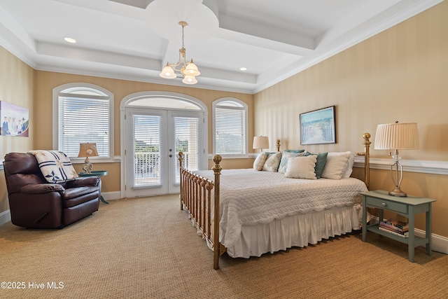 107 Waterway Crossing Ct, Little River, SC 29566 - bedroom with access to exterior, carpet, french doors, a chandelier, and beam ceiling