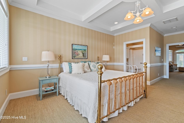 107 Waterway Crossing Ct, Little River, SC 29566 - bedroom with a chandelier, light carpet, baseboards, ornamental molding, and beamed ceiling