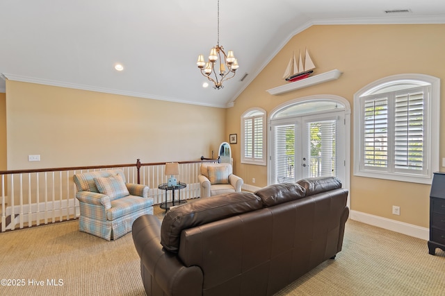 107 Waterway Crossing Ct, Little River, SC 29566 - living area with carpet floors, vaulted ceiling, a chandelier, crown molding, and baseboards
