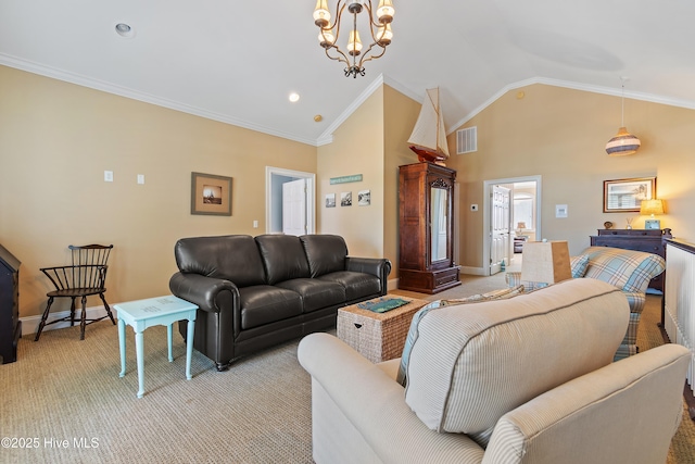 107 Waterway Crossing Ct, Little River, SC 29566 - living area with baseboards, a chandelier, crown molding, light carpet, and high vaulted ceiling