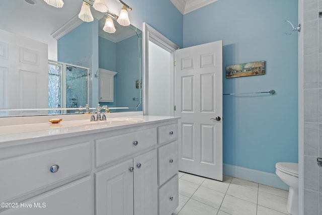 107 Waterway Crossing Ct, Little River, SC 29566 - full bathroom with ornamental molding, a stall shower, tile patterned floors, vanity, and toilet