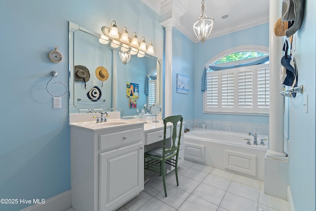 107 Waterway Crossing Ct, Little River, SC 29566 - full bath featuring tile patterned flooring, crown molding, decorative columns, a garden tub, and vanity