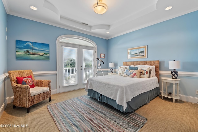 107 Waterway Crossing Ct, Little River, SC 29566 - carpeted bedroom with access to outside, a raised ceiling, crown molding, recessed lighting, and french doors