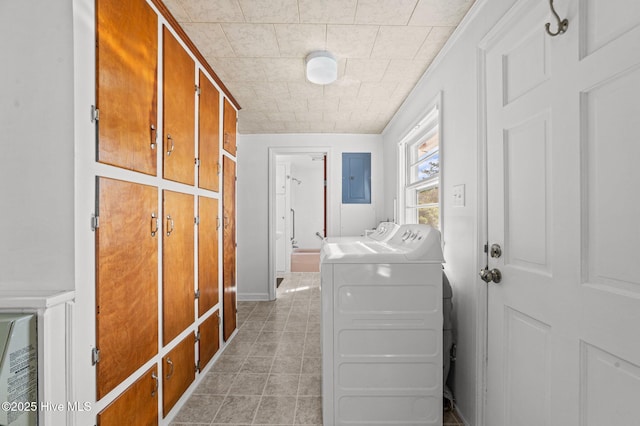 480 Croatan St, Belhaven, NC 27810 - clothes washing area with cabinet space, baseboards, light tile patterned floors, washer and clothes dryer, and electric panel