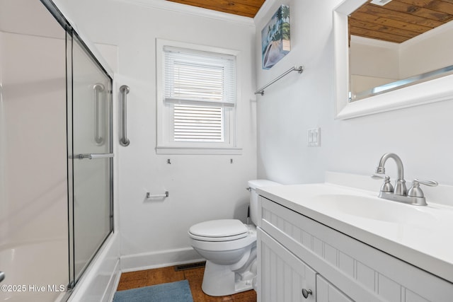 bathroom with combined bath / shower with glass door, wooden ceiling, baseboards, toilet, and vanity