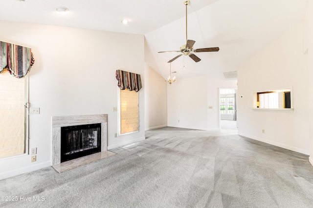 3012 Remington Dr, Wilmington, NC 28405 - unfurnished living room featuring carpet floors, a fireplace, baseboards, high vaulted ceiling, and a ceiling fan