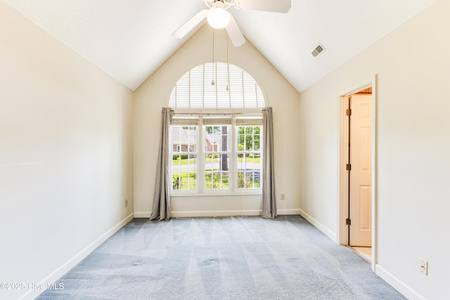 3012 Remington Dr, Wilmington, NC 28405 - carpeted empty room featuring visible vents, a ceiling fan, baseboards, and vaulted ceiling