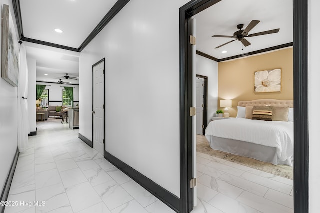hall with ornamental molding, recessed lighting, marble finish floor, and baseboards