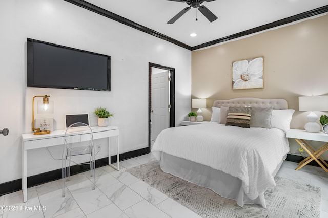 bedroom with recessed lighting, ornamental molding, marble finish floor, and baseboards