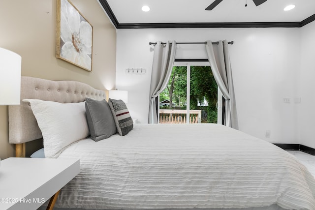 bedroom with recessed lighting, access to outside, ceiling fan, and crown molding