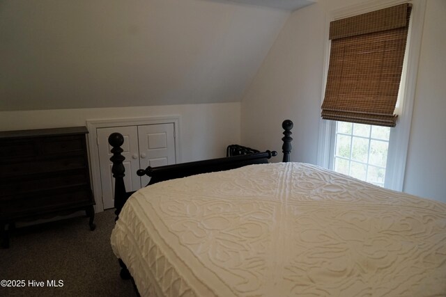 carpeted bedroom with vaulted ceiling