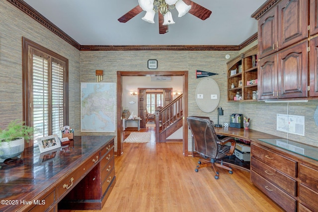 753 S Horsepen Dr, Harrells, NC 28444 - office featuring crown molding, a ceiling fan, plenty of natural light, and light wood-style flooring